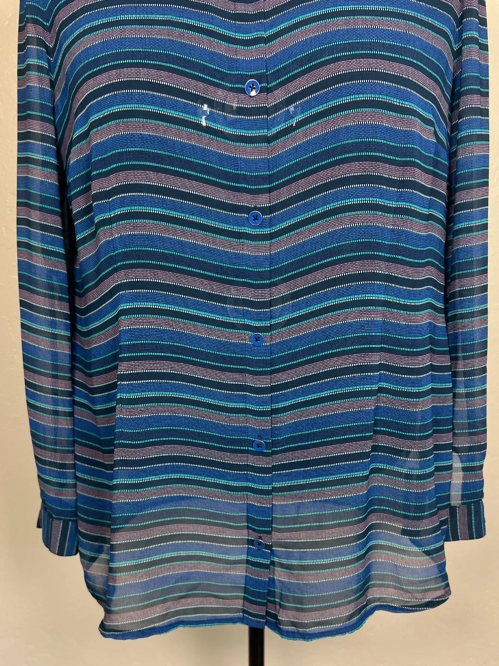 CABI Women’s Size XL Blue Striped Alex Semi-Sheer Long Sleeve Button Down Shirt